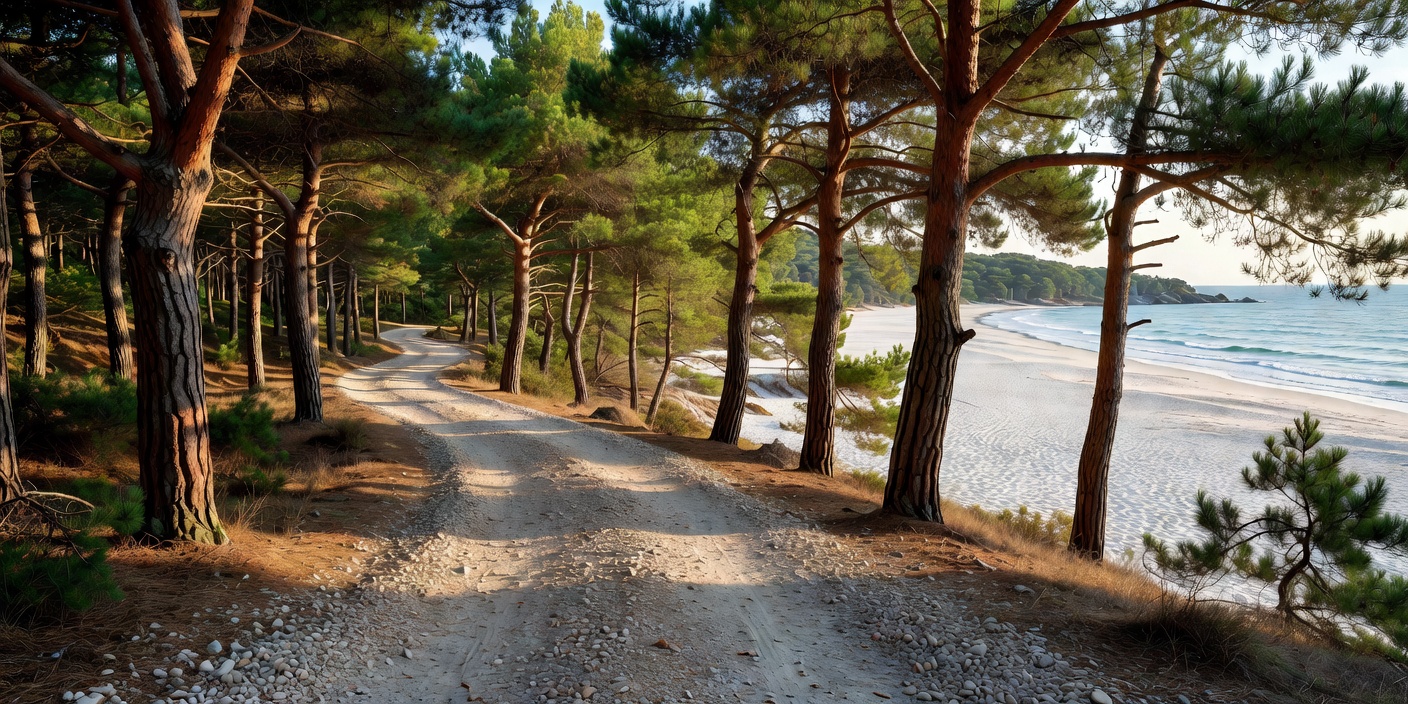 A gravel cycling path winding through coastal pine woods towards a pale sandy island beach