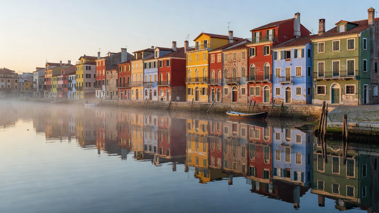 Harbor town with colorful historic waterfront facades reflected on calm morning sea water