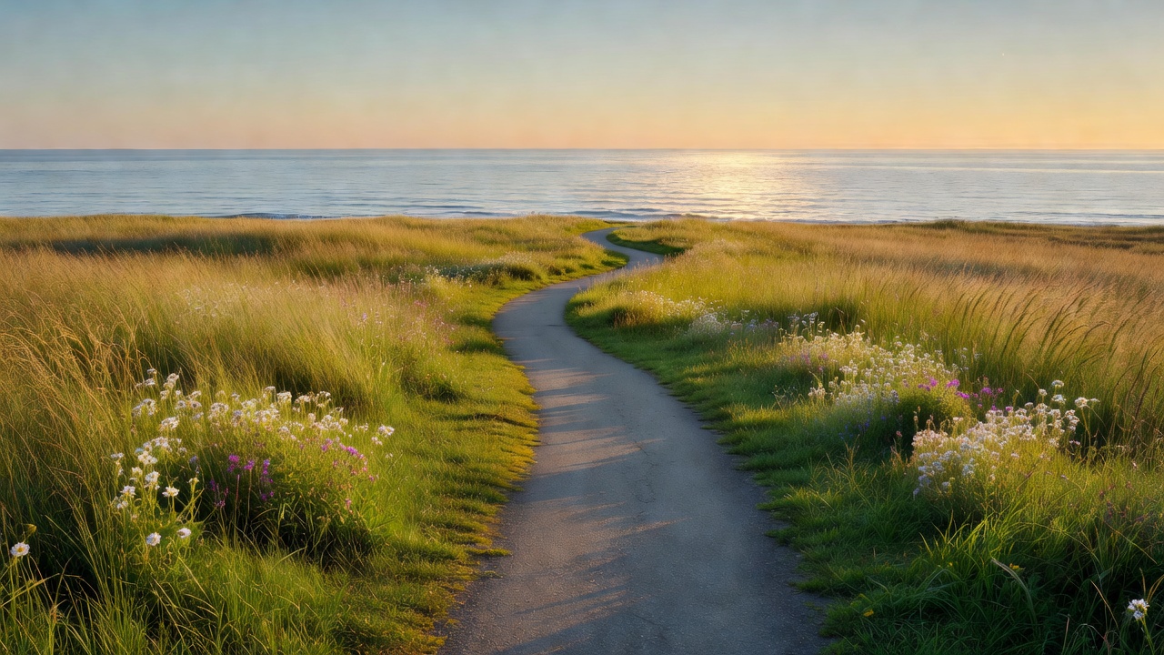 Open island landscape with a quiet coastal cycling track through meadows towards the sea