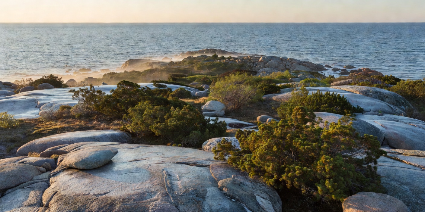 Panoramic view of a rugged Baltic island with smooth rocks, juniper bushes, and blue sea in early morning sun