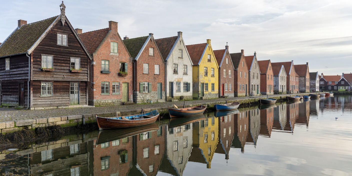 Row of historic waterfront buildings with steep gables next to a tranquil harbor basin