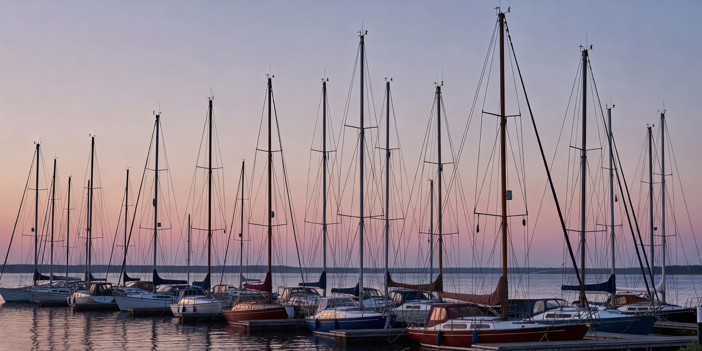 Row of sailing masts and rigging framed against a soft Baltic evening sky in a marina