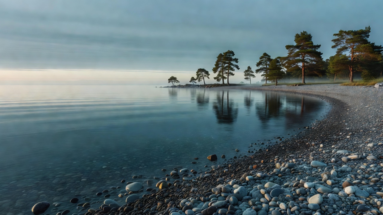 Serene Baltic Sea shoreline with calm cool waters, smooth pebbles, and coastal pine trees in the distance