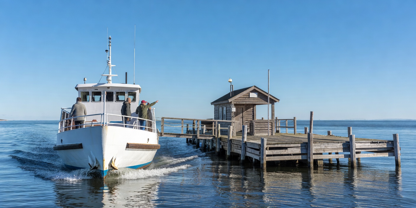 Small passenger ferry approaching a wooden island terminal under a clear blue northern sky