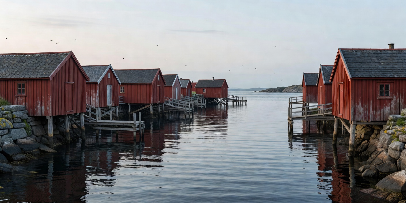 Traditional red-painted wooden boathouses resting above stone pillars along a quiet northern harbor