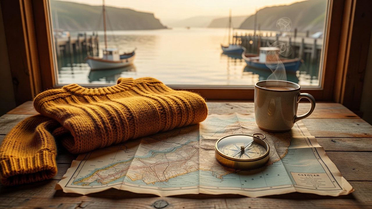 Travel map, compass, and warm wool sweater laid out beside a cup of coffee overlooking a harbor