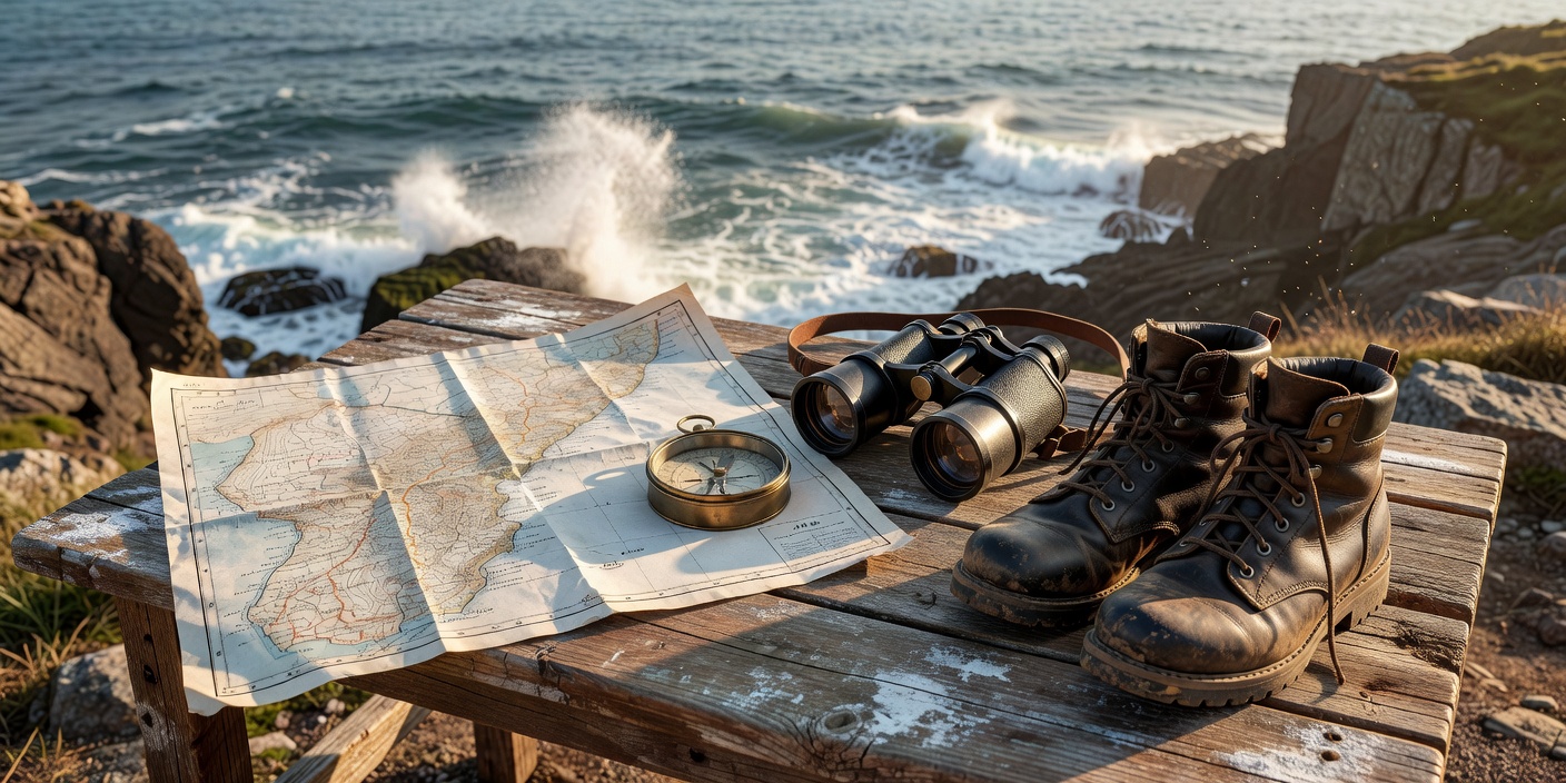 Travel map, compass, binoculars, and leather walking boots arranged beside a wooden coastal table