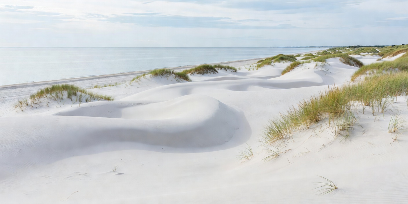 Vast expanse of fine white sand dunes bordered by coastal marram grass and calm pale blue Baltic sea