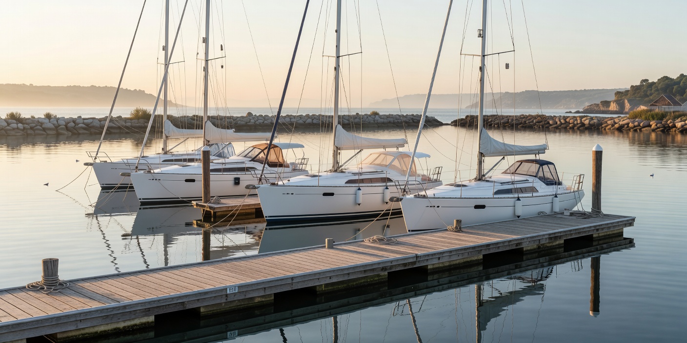 White sailing yachts berthed quietly along a wooden pier in a sheltered coastal guest harbor