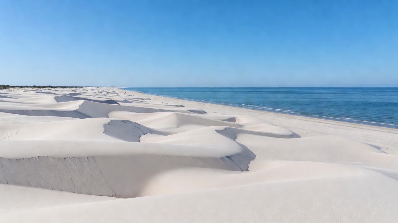 Wide expanse of pale white sand dunes leading into cool blue Baltic waters under a bright sky
