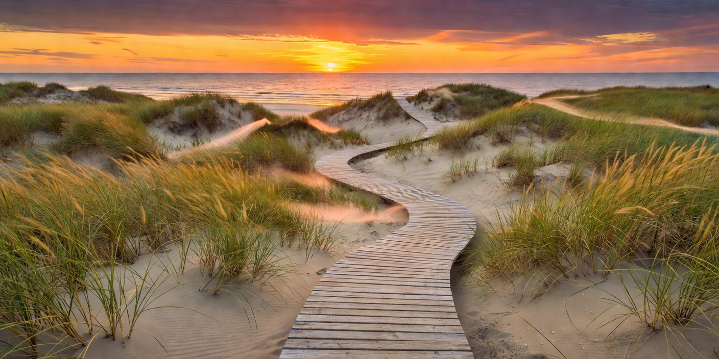 Wooden boardwalk winding through sand dunes and marram grass towards the Baltic sea at sunset