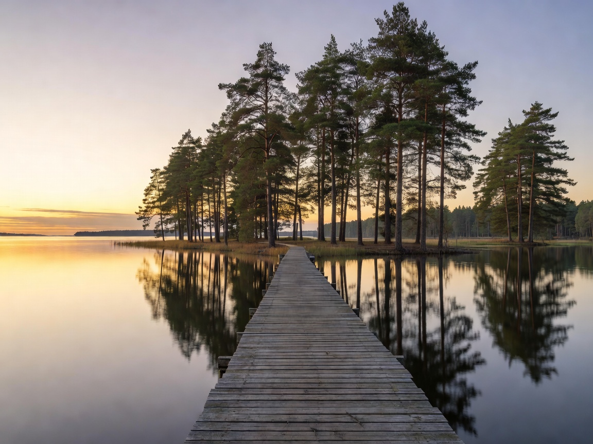 Wooden jetty extending into calm Baltic water lined with pine trees during a soft sunset